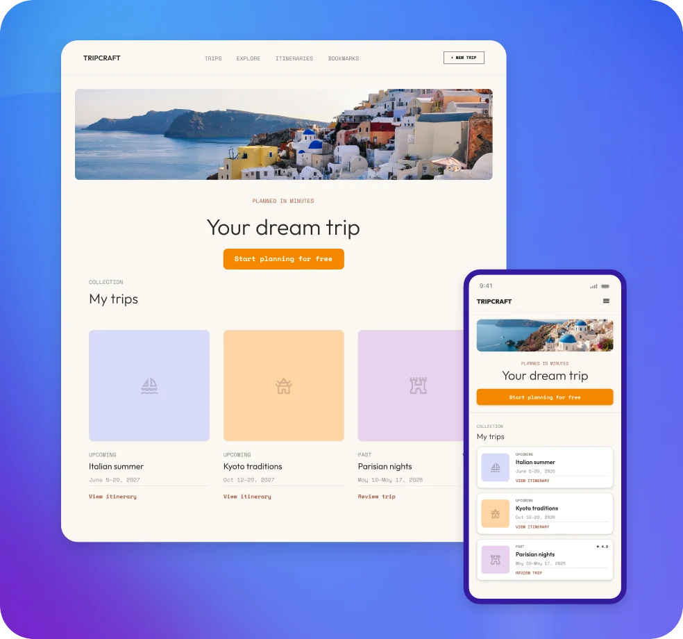 A travel planning app built with Bubble, shown on web and native mobile