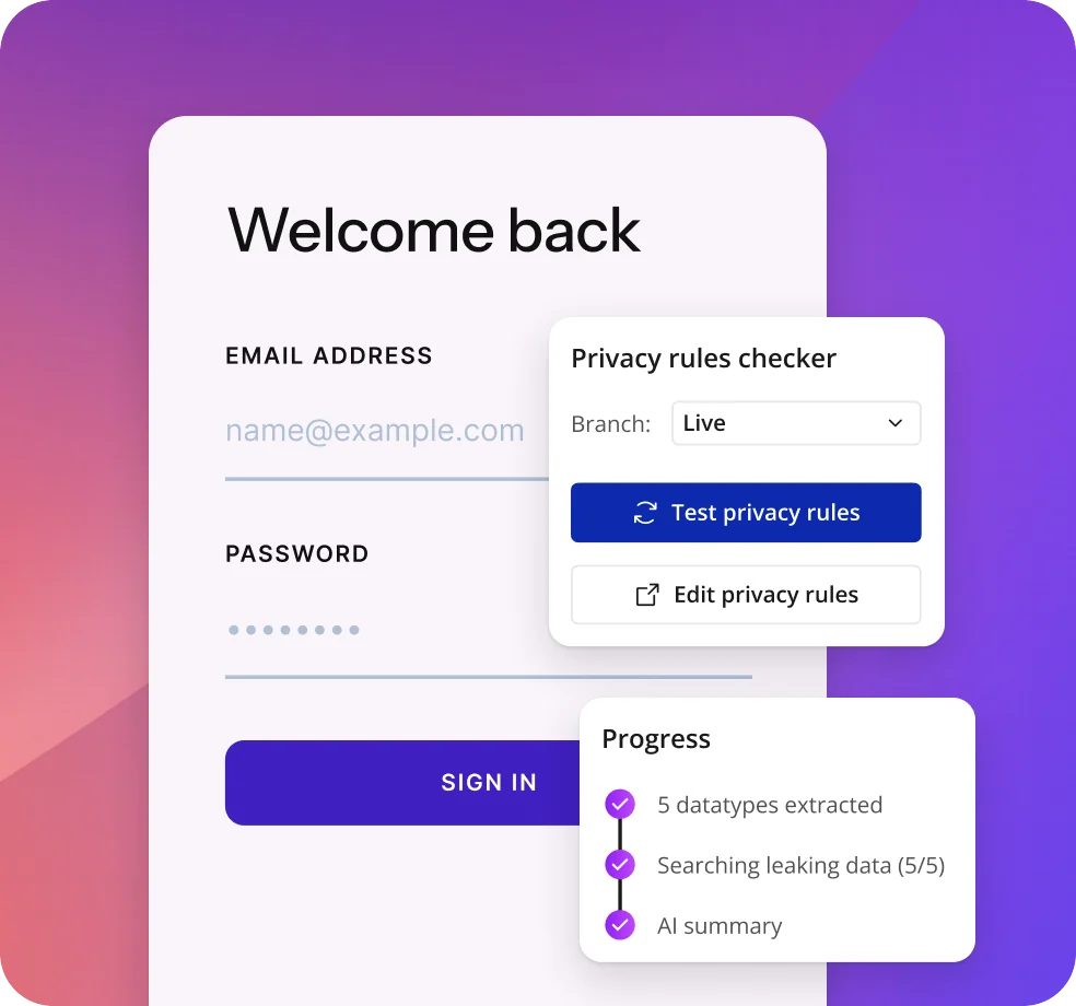 A login screen with Bubble's privacy rules checker and progress steps